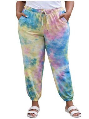 KTK Plus Size 3XL Jogger Pants Tie-Dye Elastic Waist Multi-Color Loungewear